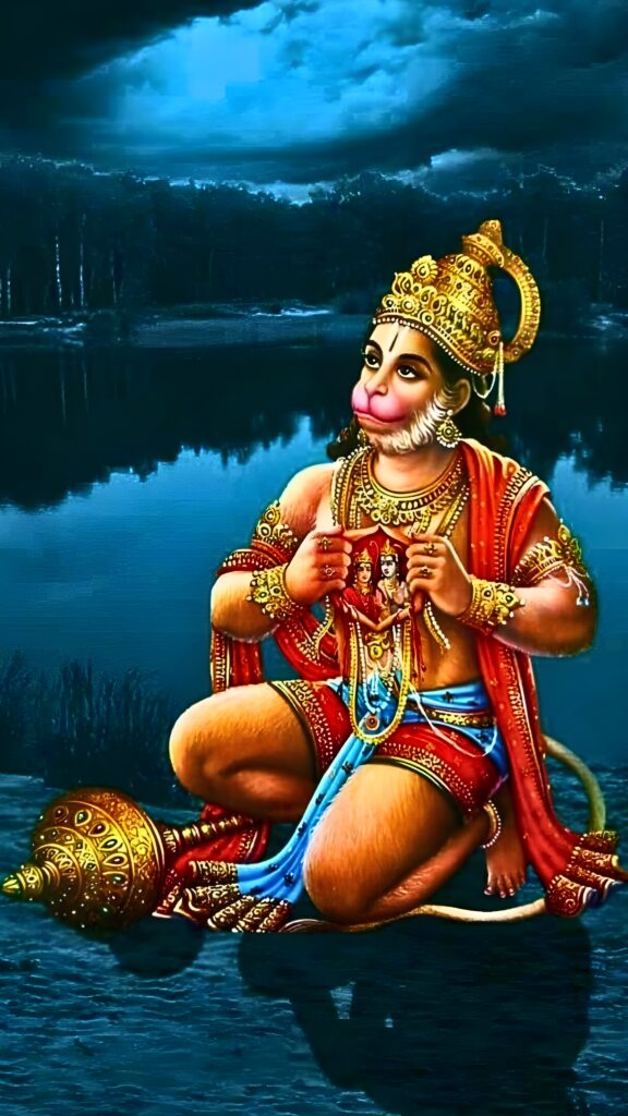 Divine image of Lord Hanuman sitting by the lake, revealing the image of Lord Ram and Sita in his heart, symbolizing devotion, strength, and faith in an HD phone wallpaper