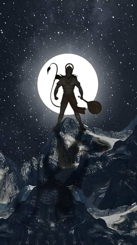 Powerful silhouette of Lord Hanuman standing on a mountain peak with a full moon backdrop, symbolizing strength, devotion, and divine power in a stunning HD digital artwork