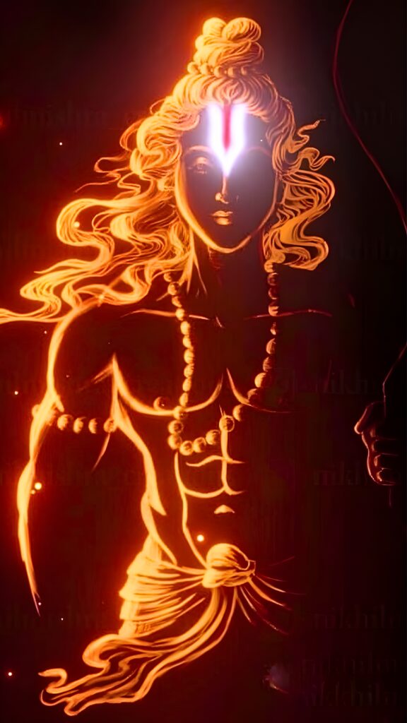 Glowing digital artwork of Lord Ram with a divine aura, featuring a muscular figure, long flowing hair, a sacred forehead mark (tilak), and traditional attire, set against a dark background with fiery golden highlights