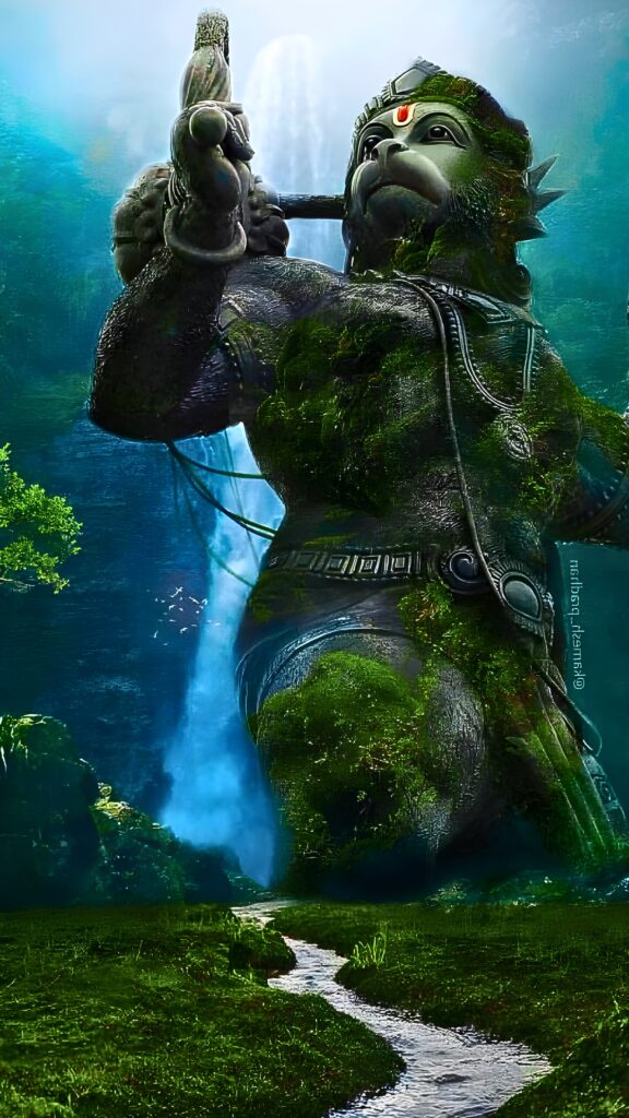 Majestic and divine statue of Hanuman Ji covered in lush greenery, standing tall against a serene waterfall, symbolizing strength, devotion, and nature's harmony in an HD phone wallpaper