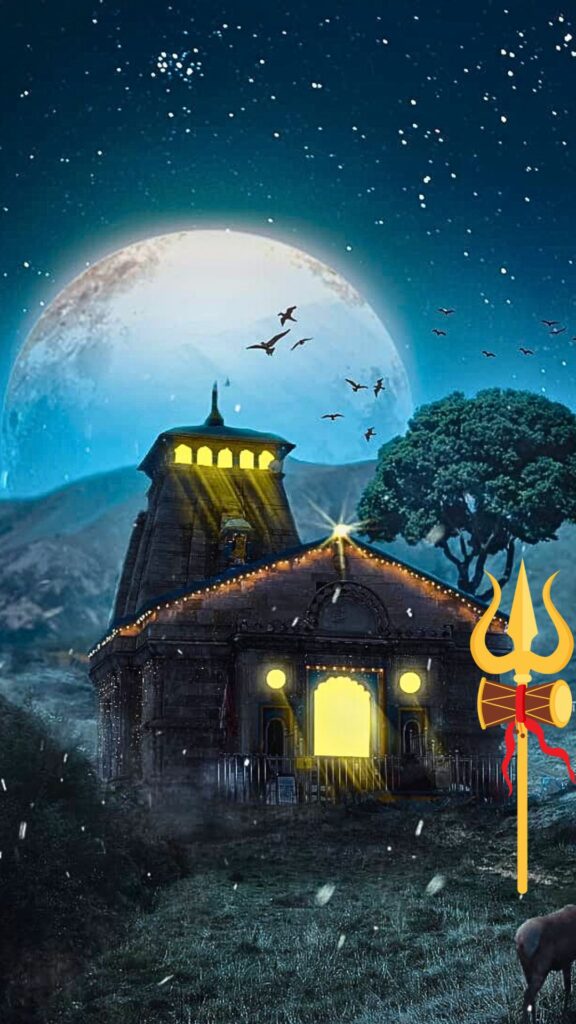Kedarnath Temple at night with a glowing full moon, divine lighting, and a Trishul symbolizing Lord Shiva.
