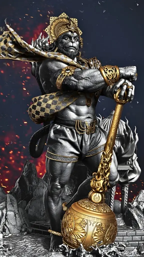 Majestic HD digital artwork of Lord Hanuman, the mighty Bajrang Bali, standing in a powerful warrior pose adorned with golden jewelry, a divine crown, and holding his sacred mace (gada) against a fiery cosmic background, symbolizing strength, devotion, and divine protection.