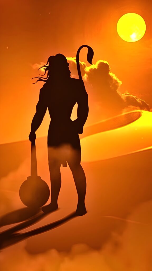 Silhouette of Lord Hanuman standing against a glowing orange sky with a radiant sun, symbolizing divine power, strength, and devotion in a stunning HD wallpaper