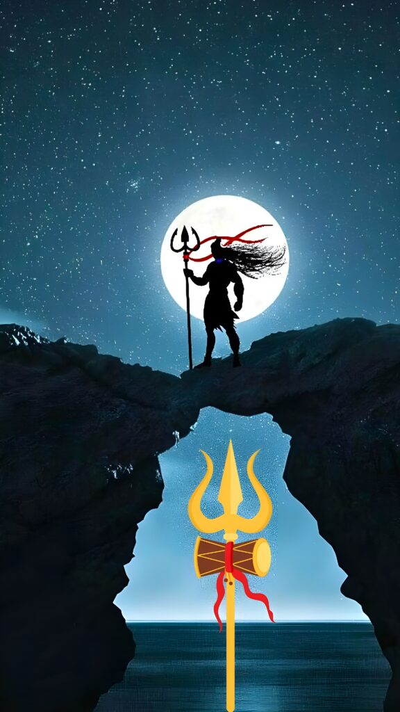 A powerful silhouette of Lord Shiva holding a Trishul against a full moon backdrop, symbolizing divine strength and devotion