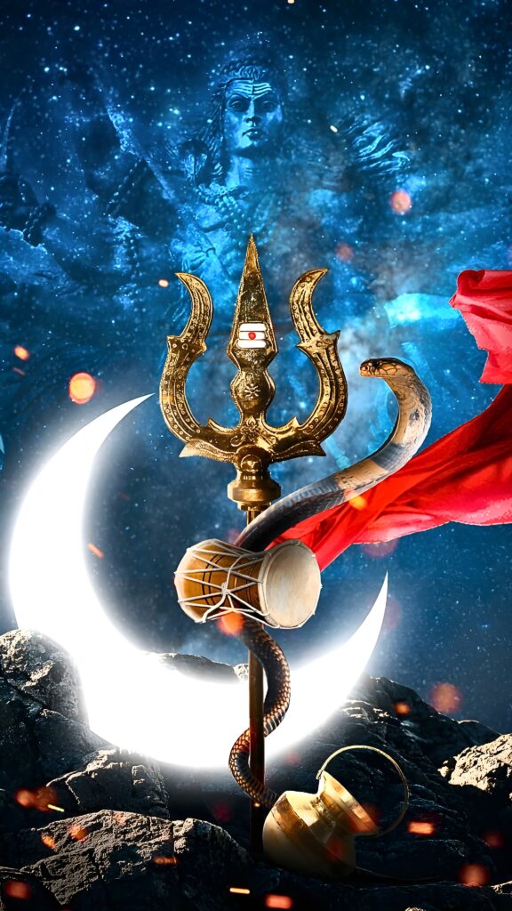 A divine golden Trishul with a Damru, a red sacred cloth, and a cobra, set against a cosmic backdrop of Lord Shiva’s celestial form and a crescent moon