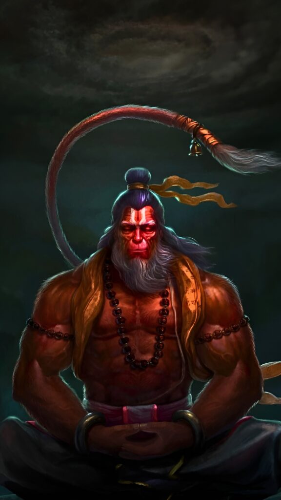 Powerful HD digital artwork of Lord Hanuman Ji in deep meditation, radiating divine energy, wisdom, and strength, adorned with sacred beads, traditional attire, and a celestial aura, making it a perfect Bajrangbali spiritual wallpaper.