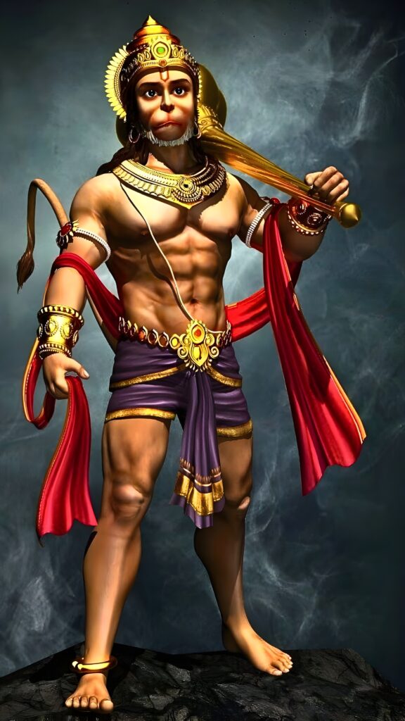Powerful digital artwork of Lord Hanuman standing strong with his golden gada (mace), symbolizing strength, devotion, and protection in an HD phone wallpaper.