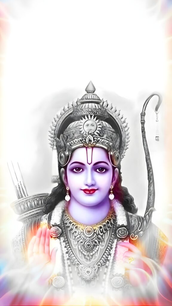 A divine digital artwork of Lord Shree Ram, the seventh avatar of Lord Vishnu, depicted with a serene face, adorned with intricate traditional Indian jewelry, a crown, and ornaments. The background is ethereal and colorful, with a soft glow, making it ideal as an HD phone wallpaper for devotional and religious purposes