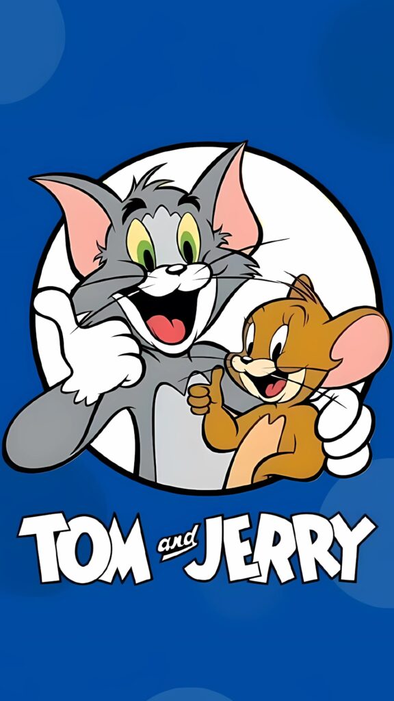 Tom and Jerry smiling with thumbs up in a circle logo on a bold blue background – HD cartoon wallpaper.