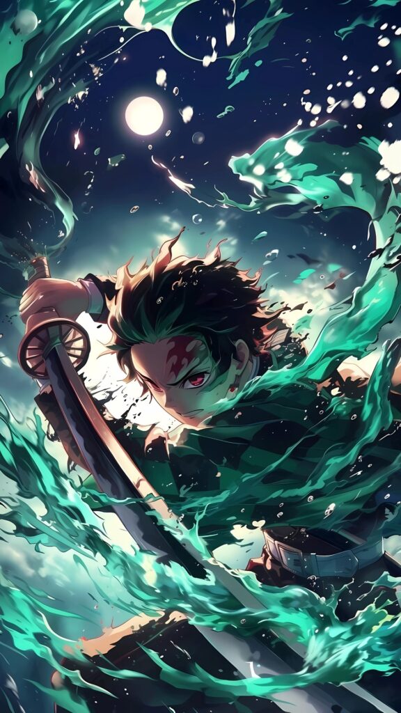 Tanjiro Kamado unleashing Water Breathing technique under the moonlight in a vibrant 4K Demon Slayer wallpaper.