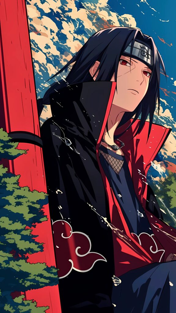 Itachi Uchiha in Akatsuki cloak leaning on a red torii gate, under a serene sky with clouds, peaceful anime 4K wallpaper for mobile