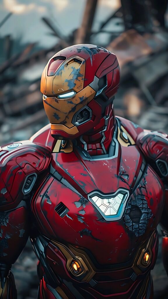 Battle-damaged Iron Man suit in 4K resolution, featuring a detailed red and gold armor with scratches and impact marks, standing against a backdrop of destruction.