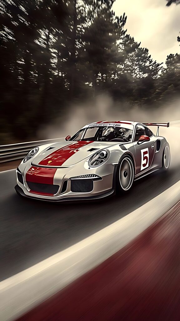 Porsche race car drifting on race track surrounded by trees – ultra HD motion blur car wallpaper in 64K resolution.