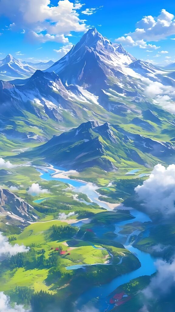 Majestic snow-capped mountain and winding river valley under blue sky with clouds – vibrant ultra HD iPhone mobile wallpaper