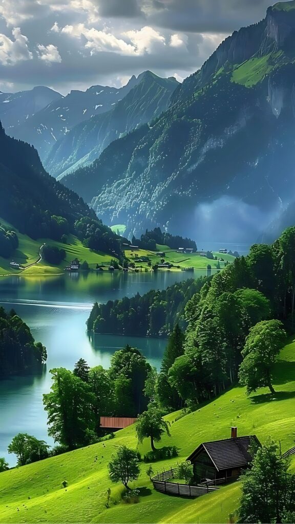 Breathtaking 64k nature wallpaper of a serene alpine lake surrounded by lush green hills, dense forest, and dramatic mountain peaks under a moody sky.