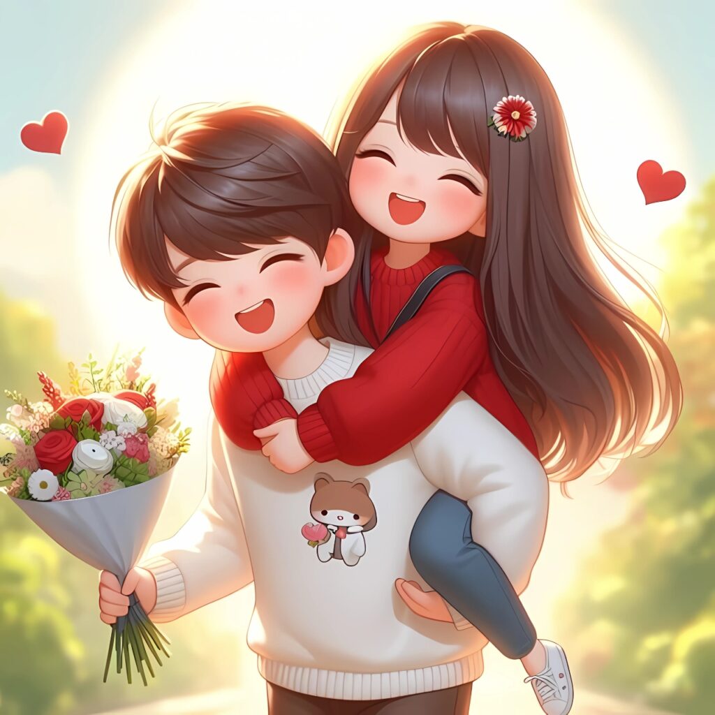 Cute cartoon couple smiling joyfully, with the girl hugging the boy from behind as he holds a bouquet of flowers, both in cozy outfits under soft sunlight – ideal lovely WhatsApp DP image