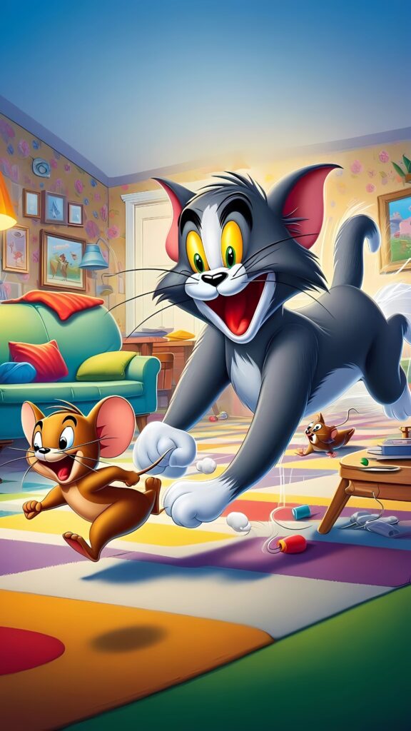 Vibrant Tom and Jerry aesthetic wallpaper – playful chase scene in a cozy, cartoon living room.