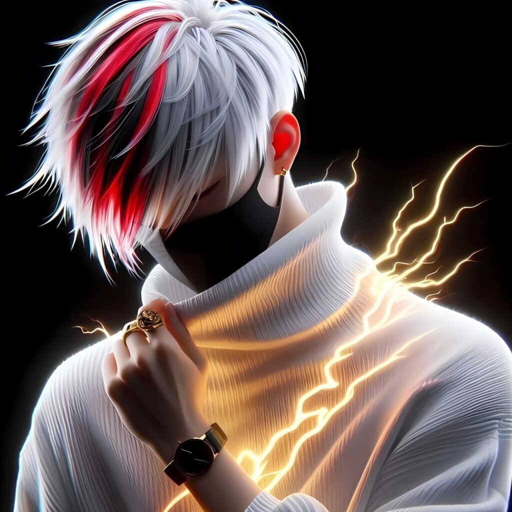Animated boy with white-red hair, glowing effects, and mask – stylish attitude WhatsApp DP