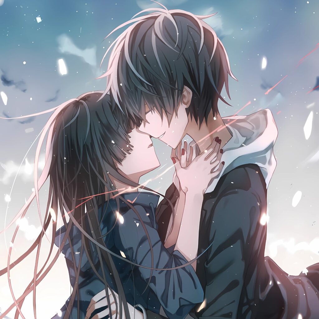 Romantic anime couple embracing under a soft sky, sharing a tender moment filled with love and emotion – perfect for WhatsApp DP