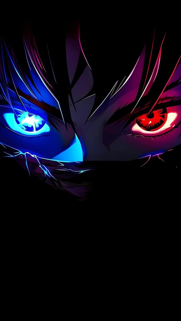Close-up of anime character's glowing blue and red eyes, dark background, intense stare – 4K phone wallpaper