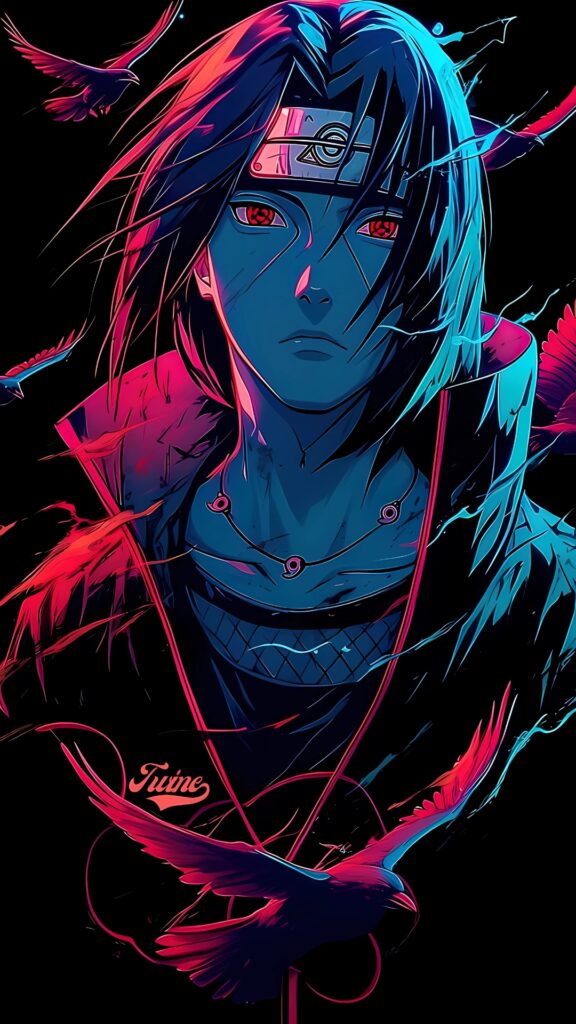 Intense anime eyes glowing red and blue in contrast, dark background, mysterious expression – 4K vertical wallpaper for mobile