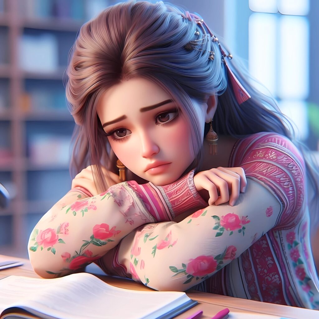 Sad anime-style girl in floral dress leaning on book – emotional mood off DP for girls