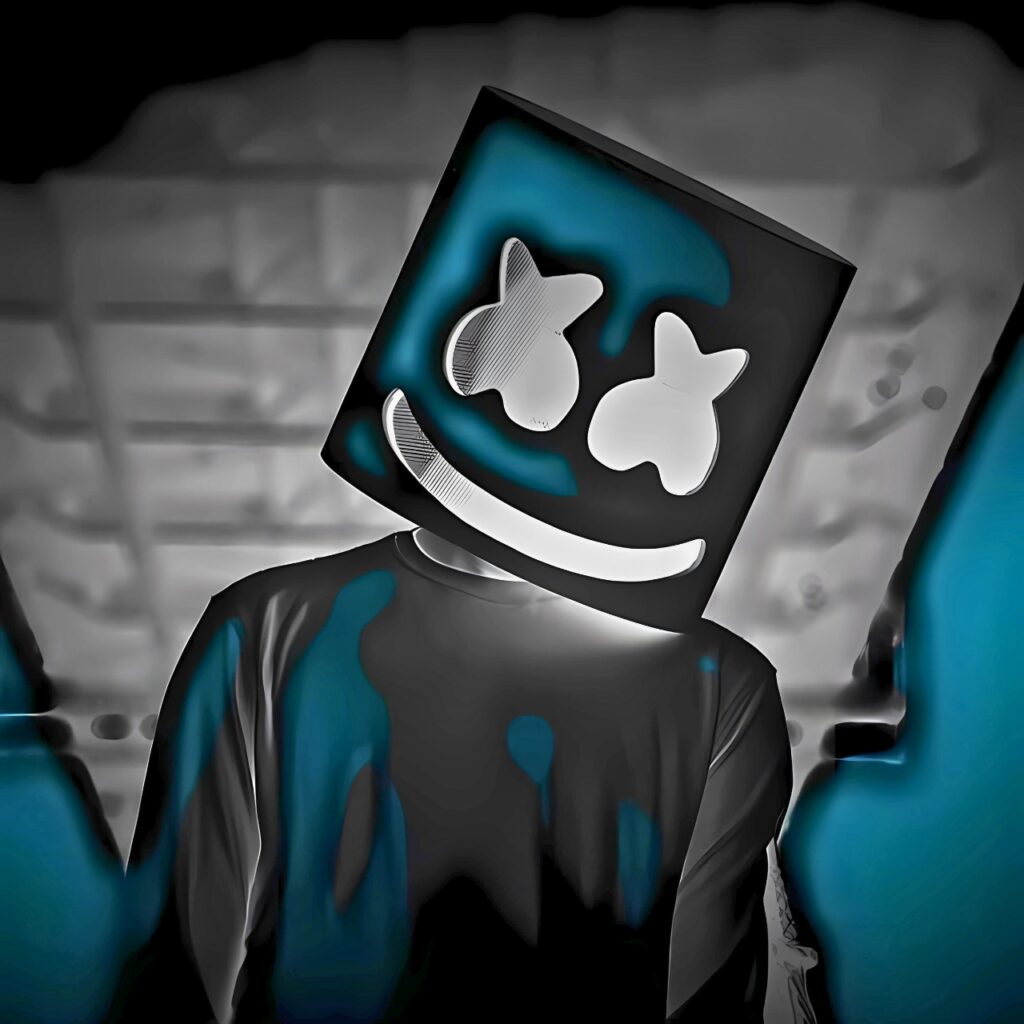 Stylish boy wearing a box-shaped Marshmello mask with glowing eyes and smile, captured in a dark outfit with an attitude vibe – ideal for WhatsApp DP