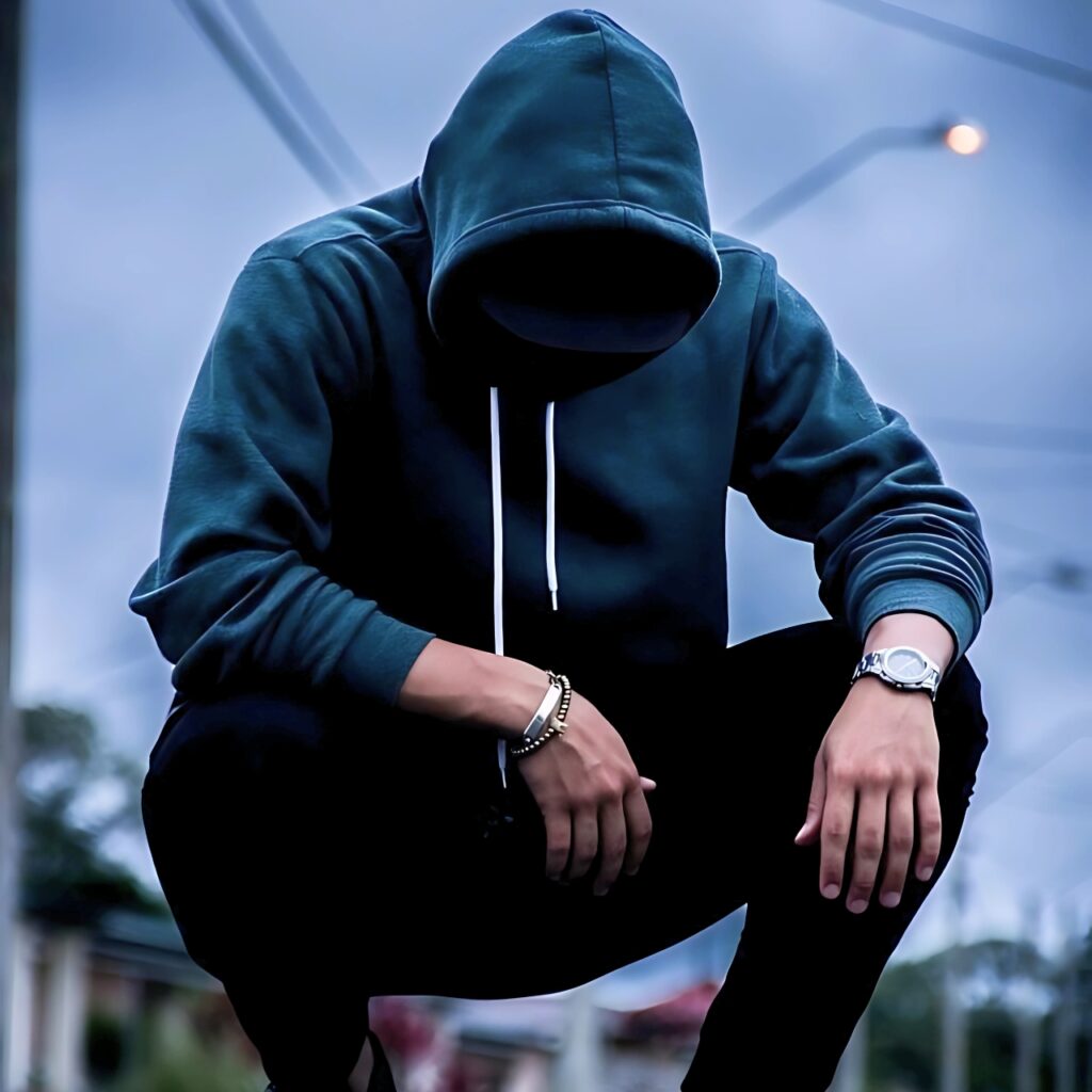 Stylish boy in dark hoodie squatting with head down, wearing a watch and bracelets, creating a powerful and mysterious attitude vibe — perfect WhatsApp DP for boys.