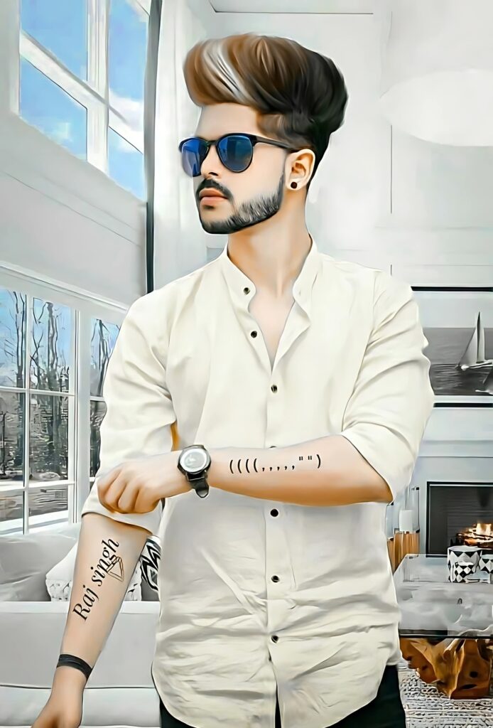 Stylish boy with sunglasses and white shirt showing arm tattoo that says “Raj Singh,” standing confidently in a modern indoor setting