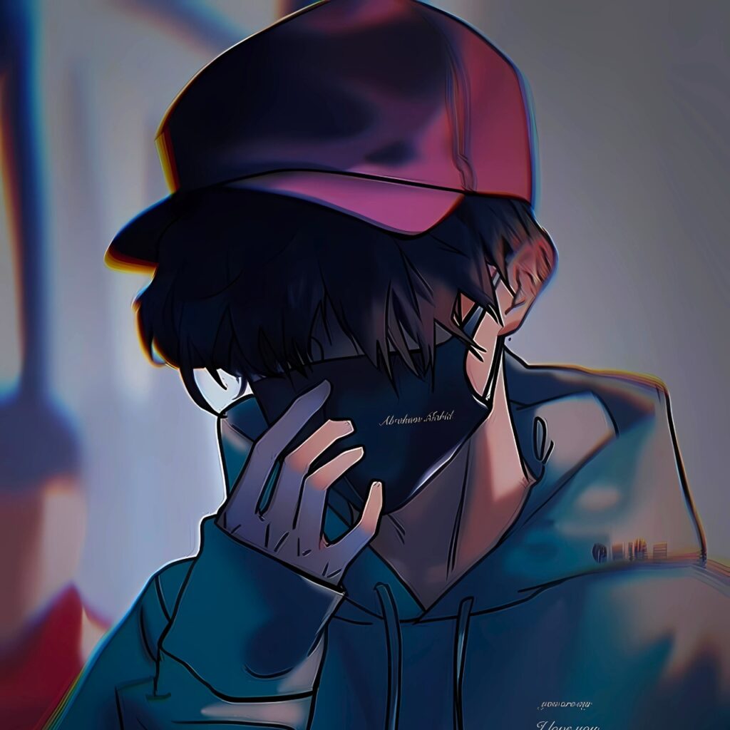 Stylish anime boy wearing a red cap, hoodie, and black face mask, perfect for WhatsApp DP showing attitude.