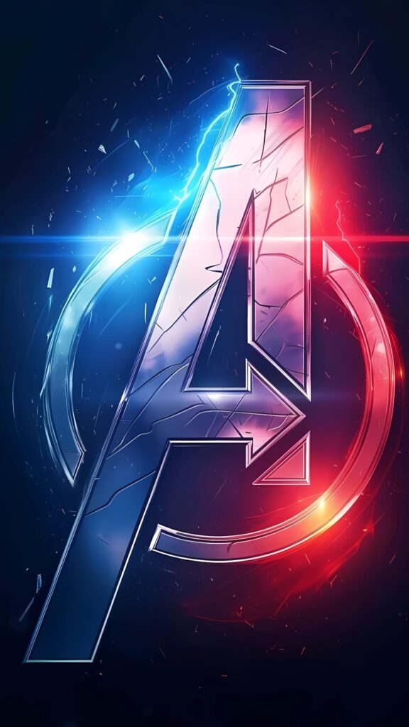 High-definition Avengers logo wallpaper with cracked metallic design, blue and red lightning background in 4K resolution