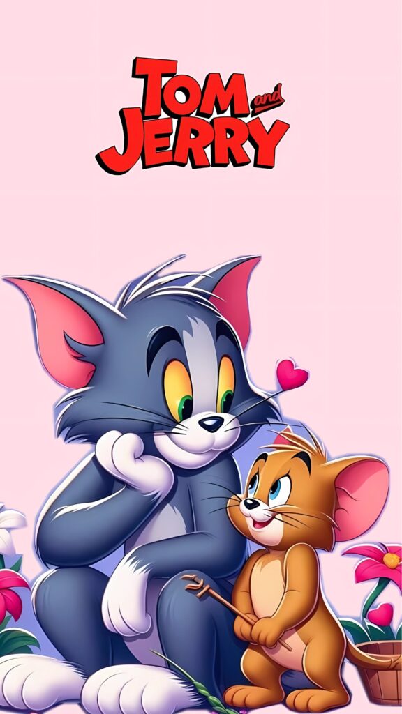 Cute background Tom and Jerry wallpaper featuring a sweet moment between the cartoon cat and mouse with flowers and a pink background.
