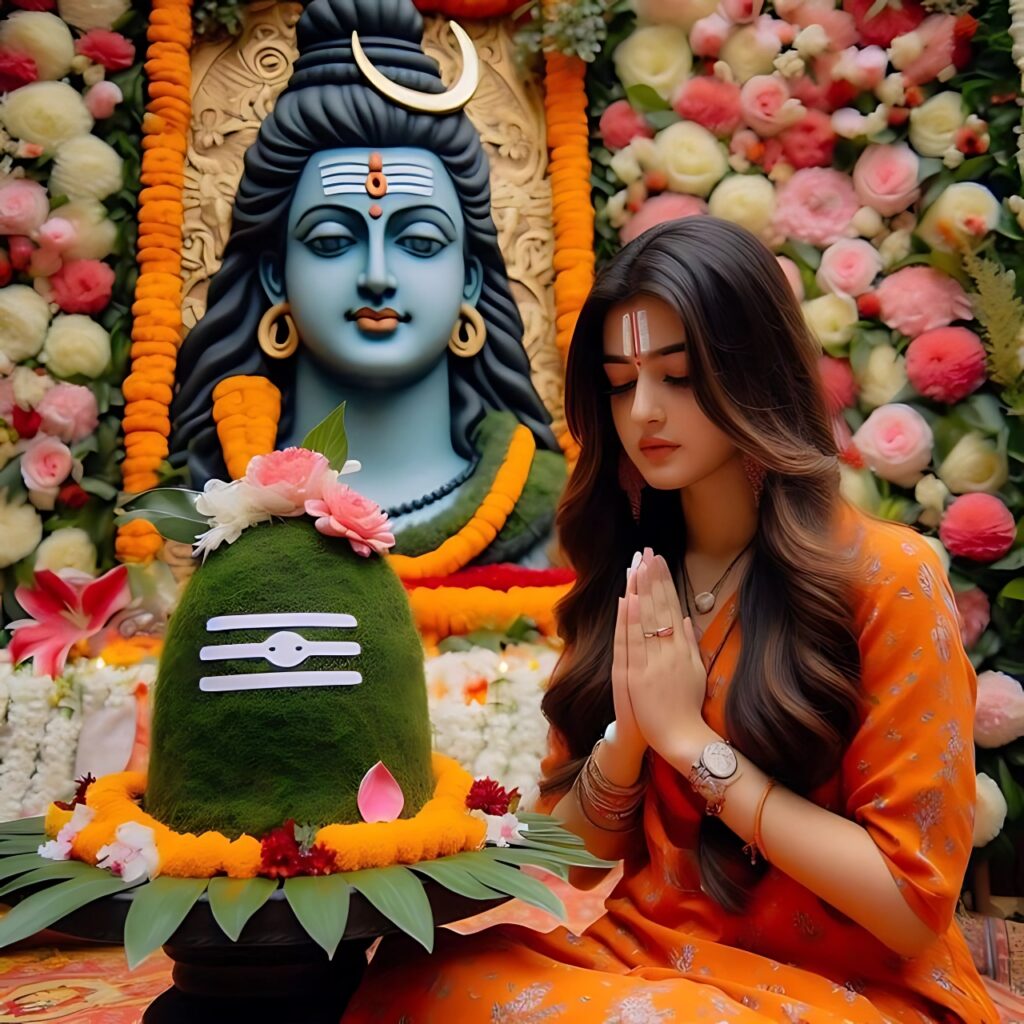 Bholenath DP for girl – Devotional girl praying before Shivling and Lord Shiva idol in floral temple setting
