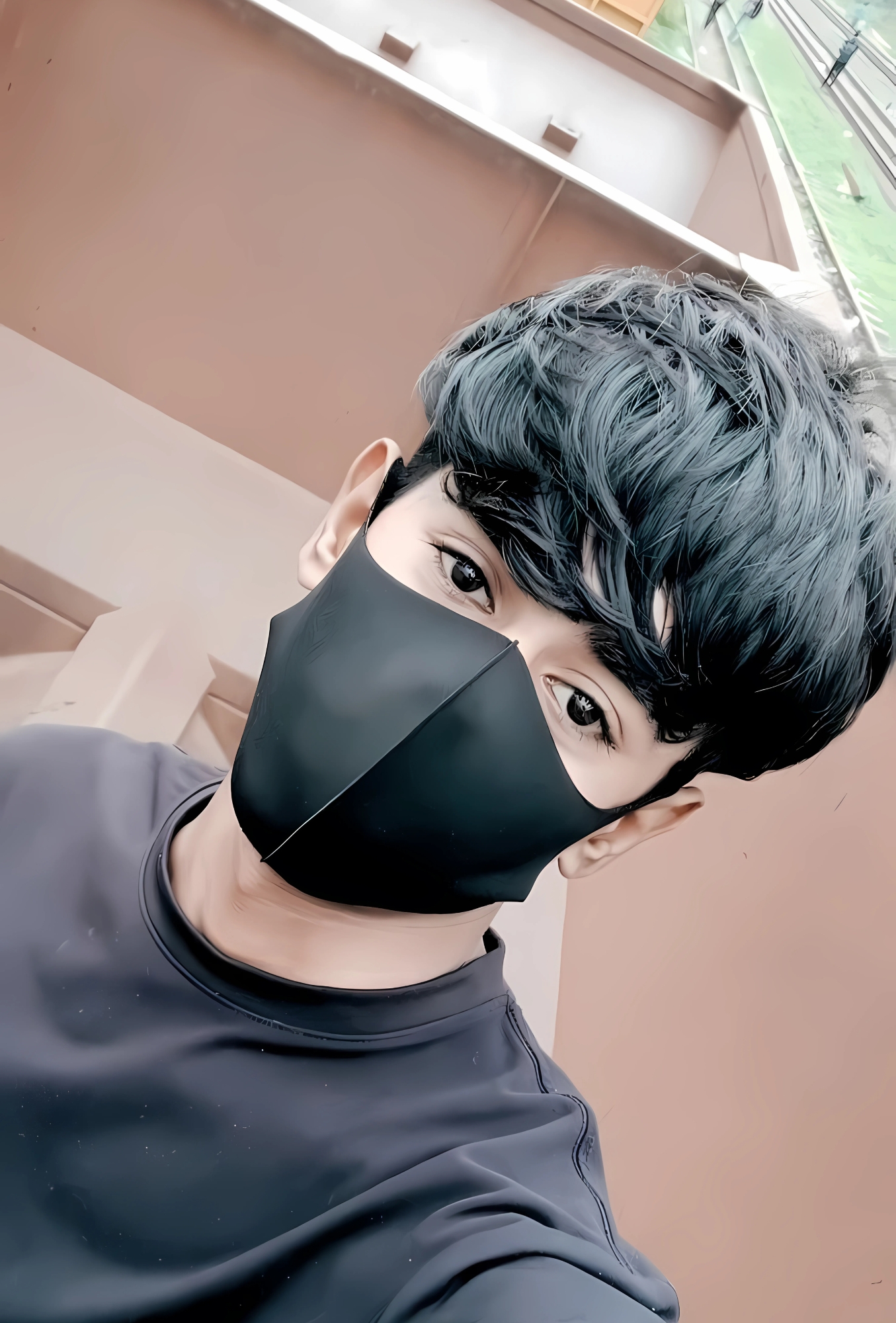 HD selfie of a boy in a black mask and black t-shirt standing on a freight train wagon