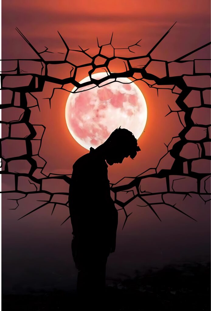 Silhouette of a sad boy with cracked wall effect and full moon background – Emotional Broken Heart Boy Image