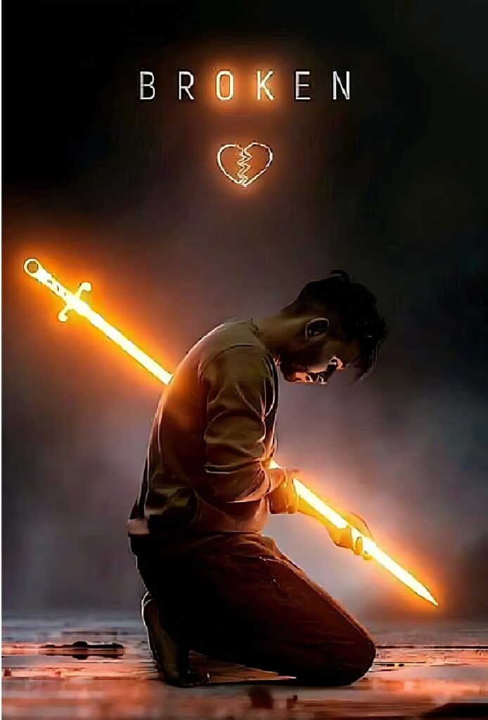 Heartbroken boy kneeling with glowing sword through his body – Broken DP for Instagram