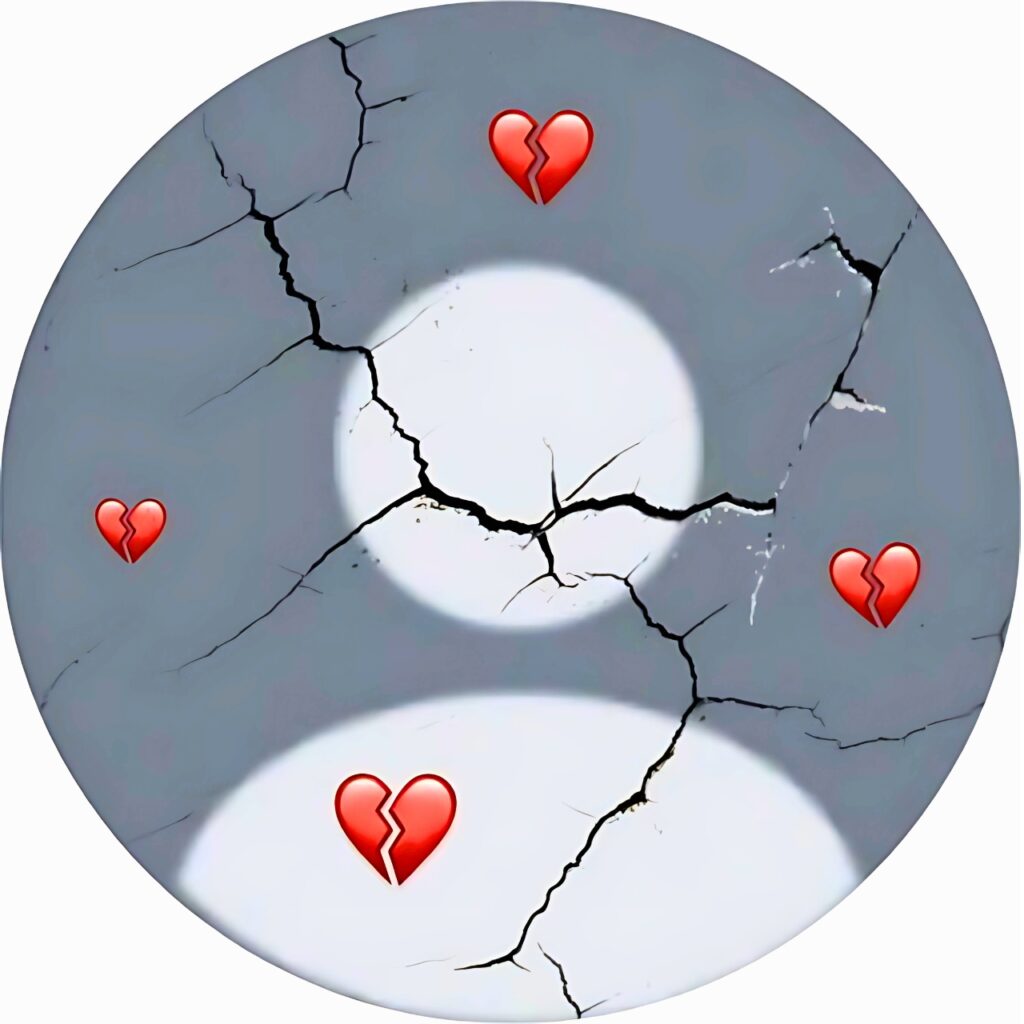 Cracked grey profile picture with broken heart emojis, symbolic of emotional pain, designed for WhatsApp display photo (DP).