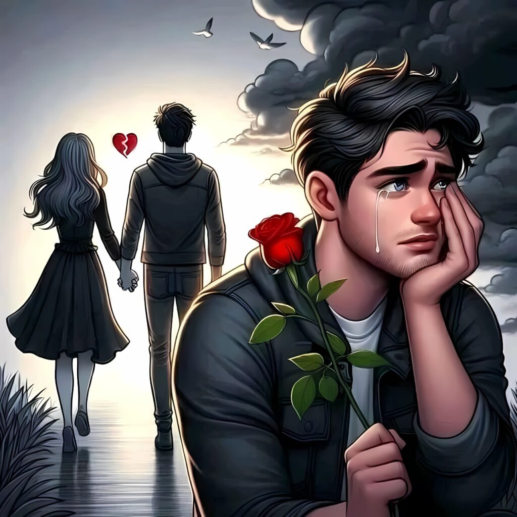 A heartbroken boy crying with a rose while his friend walks away holding hands with someone else – emotional broken friendship DP