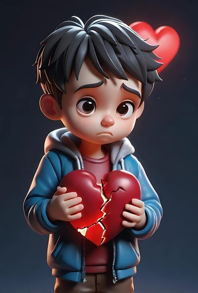 Sad cartoon boy holding a broken heart in hands - Broken Heart Boy DP H