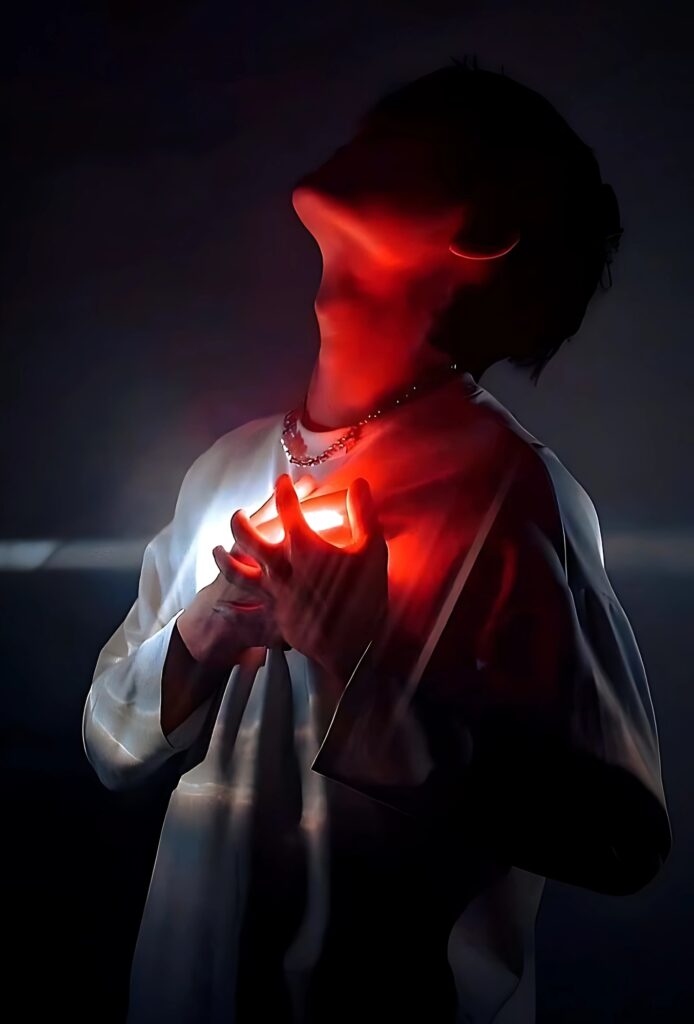 Emotional boy clutching glowing red heart, symbolizing heartbreak and pain in a dark, dramatic setting