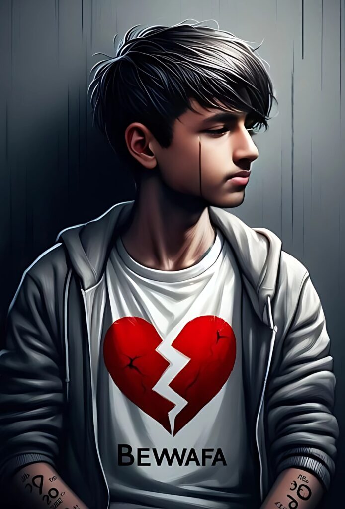 Sad boy with a broken heart design on his shirt and tattoos, representing betrayal and heartbreak in a dark, moody setting