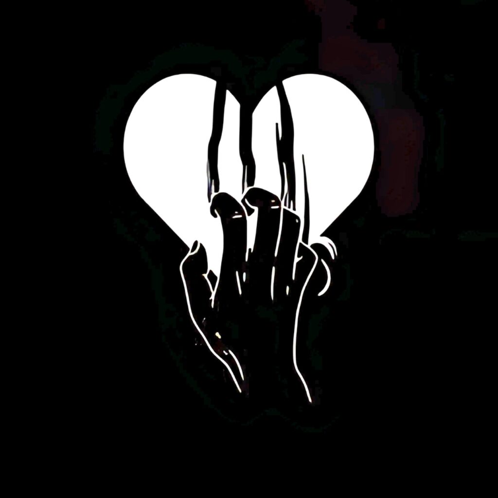 Broken heart DP in black and white with a hand tearing through it – emotional HD image for WhatsApp profile picture.