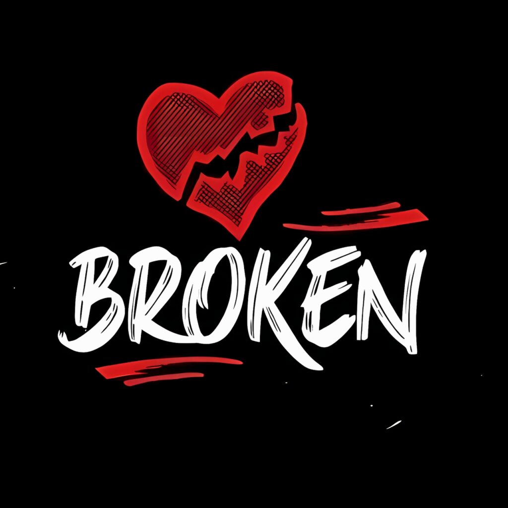 Artistic red cracked heart above the handwritten word "BROKEN" on a black background – emotional and expressive broken heart DP for WhatsApp