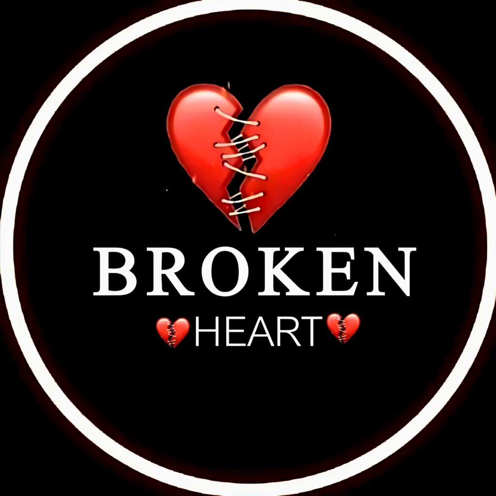 Red stitched broken heart on a black background with the words "Broken Heart" – emotional profile picture for WhatsApp
