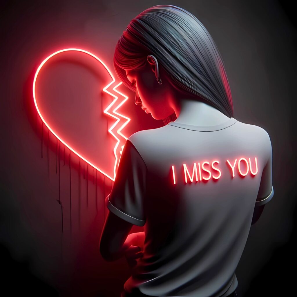 Sad girl with neon heart and “I MISS YOU” glowing on her shirt – emotional broken heart DP for WhatsApp