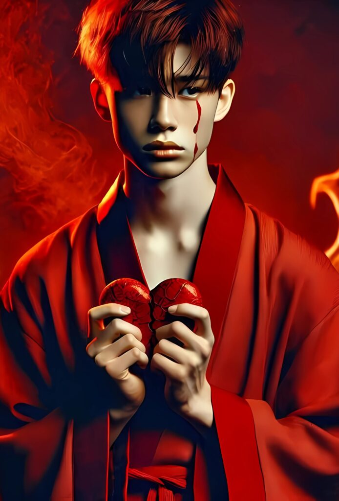 Sad boy in a red robe holding a broken heart with flames in the background, symbolizing heartbreak, anger, and emotional pain.