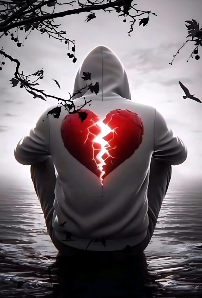 Boy sitting alone with a cracked heart on hoodie – Broken Heart Pic Boy