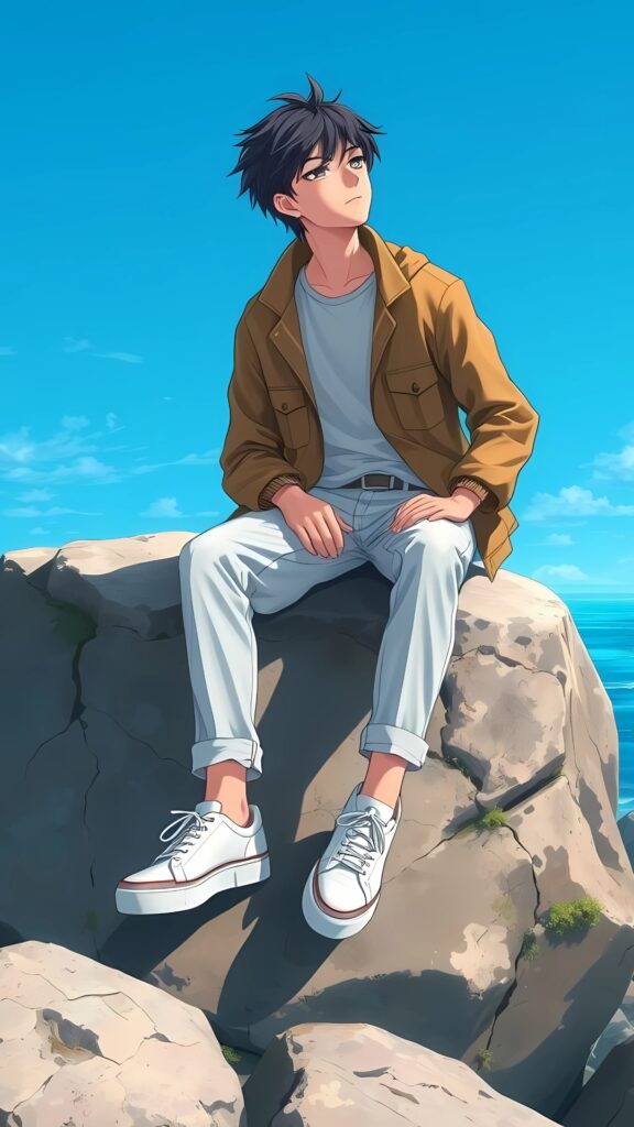 Cartoon-style wallpaper of a cool anime boy sitting on rocks by the ocean under a bright blue sky, perfect for boys who love calm and stylish visuals.