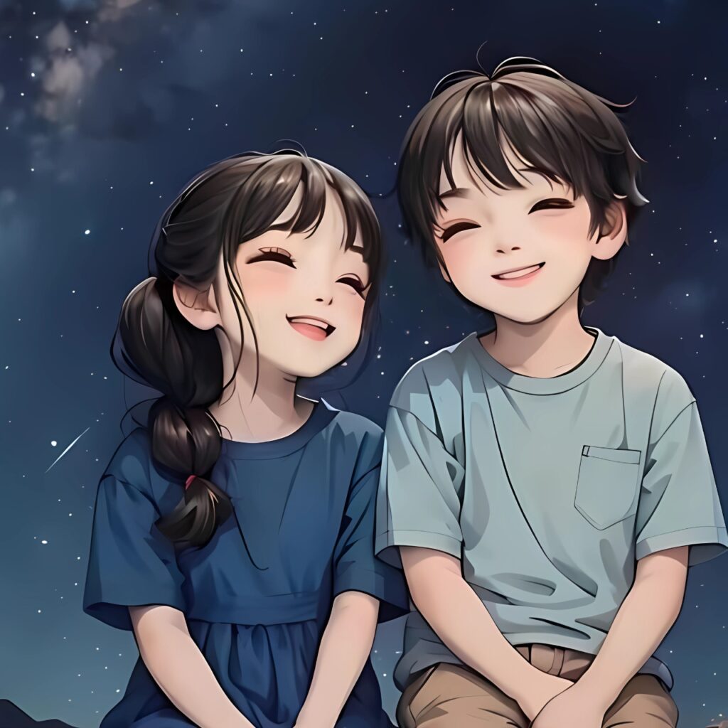 Cute cartoon couple smiling under a starry night sky – perfect WhatsApp DP image