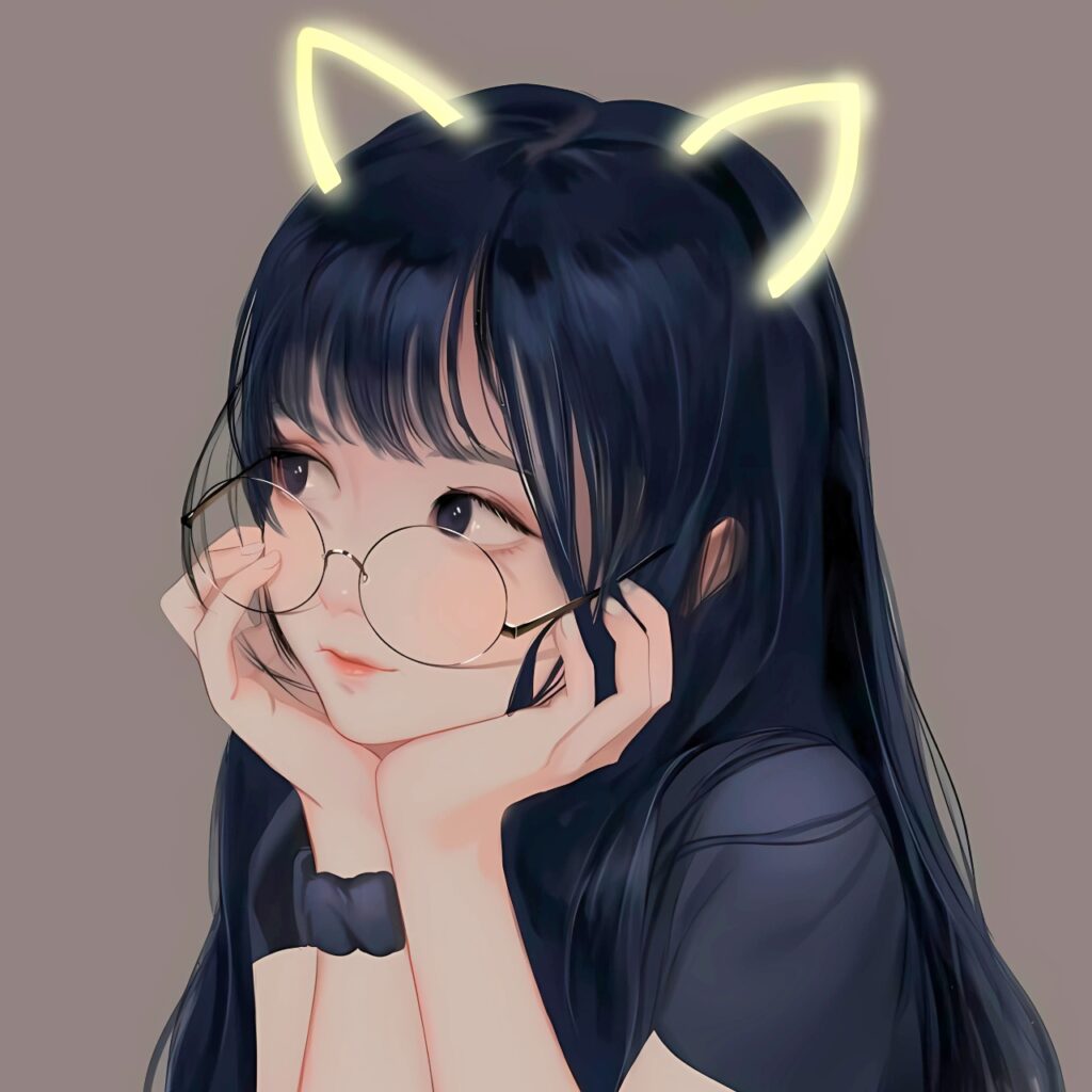 Cute cartoon girl with glasses and glowing cat ears – stylish WhatsApp DP image.